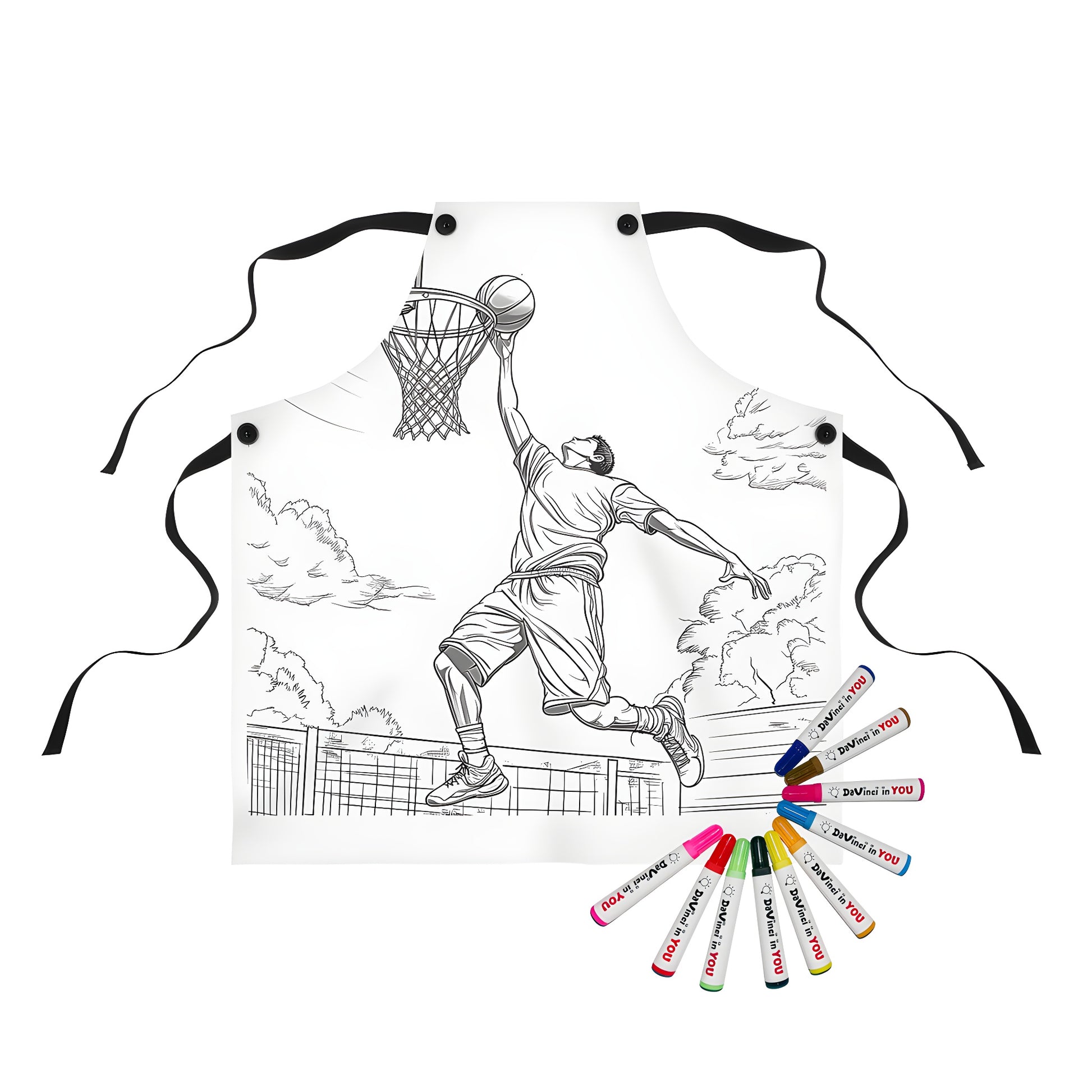 Colorful apron featuring a slam dunk illustration of a person jumping on an outdoor basketball court with trees in the background, perfect for artists and basketball fans alike