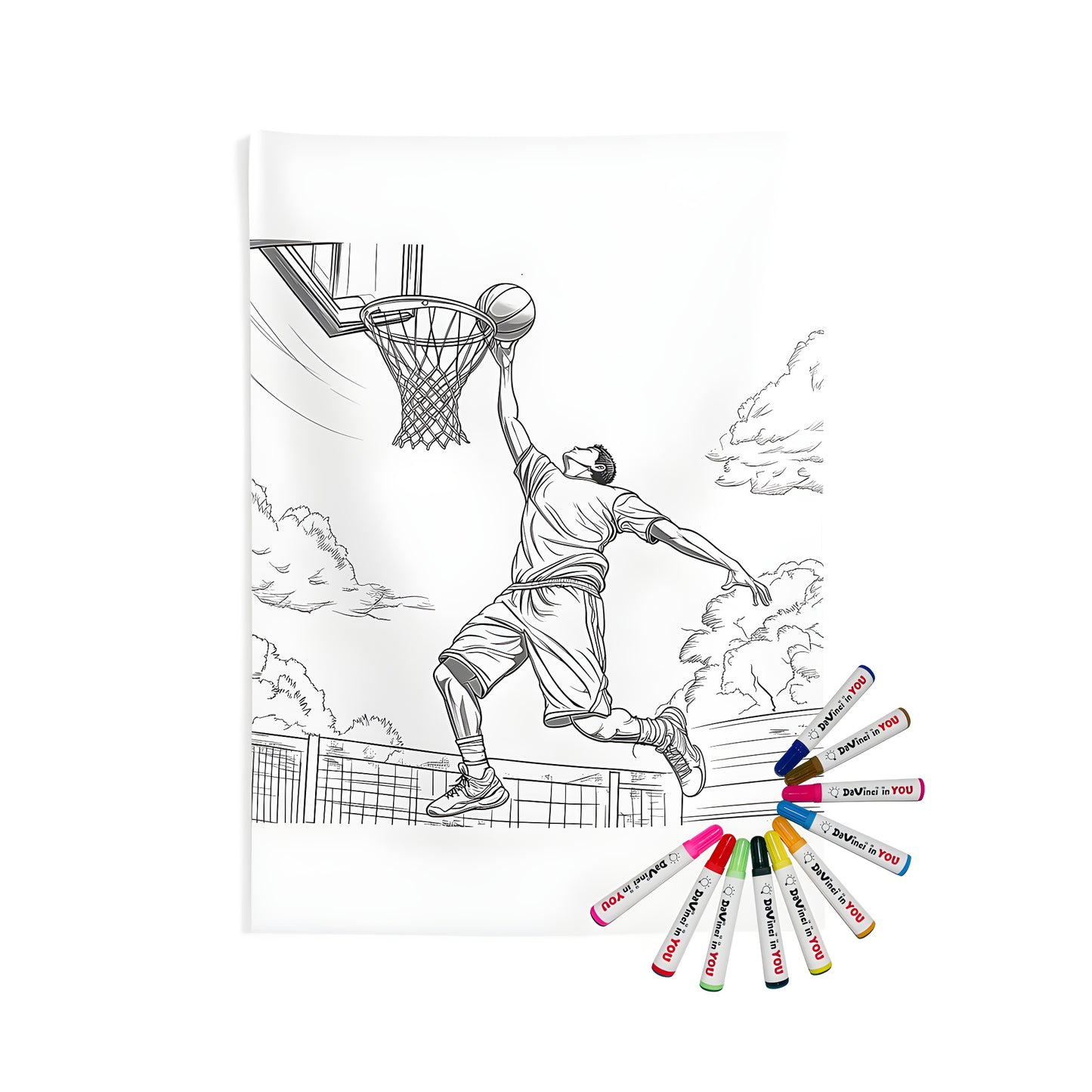 Indoor wall tapestries featuring a slam dunk design, perfect for basketball enthusiasts and fans of sports-inspired decor. Includes fabric markers for coloring