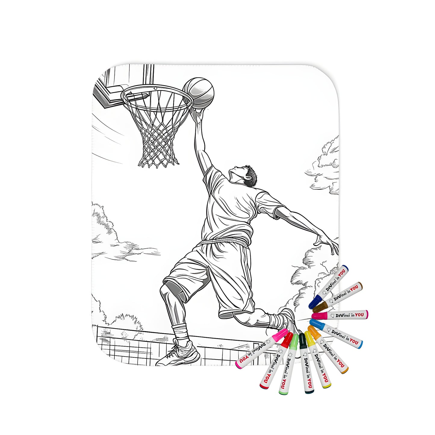 Basketball player jumping for slam dunk on a blanket with vibrant colors and fabric markers