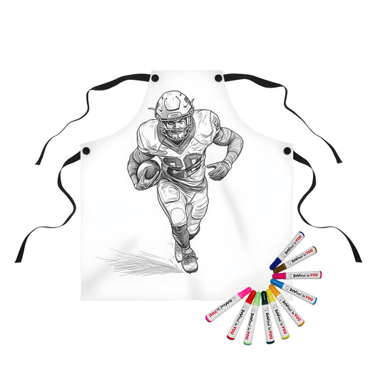 Apron with Black and white illustration of football athlete running with ball, wearing helmet and jersey