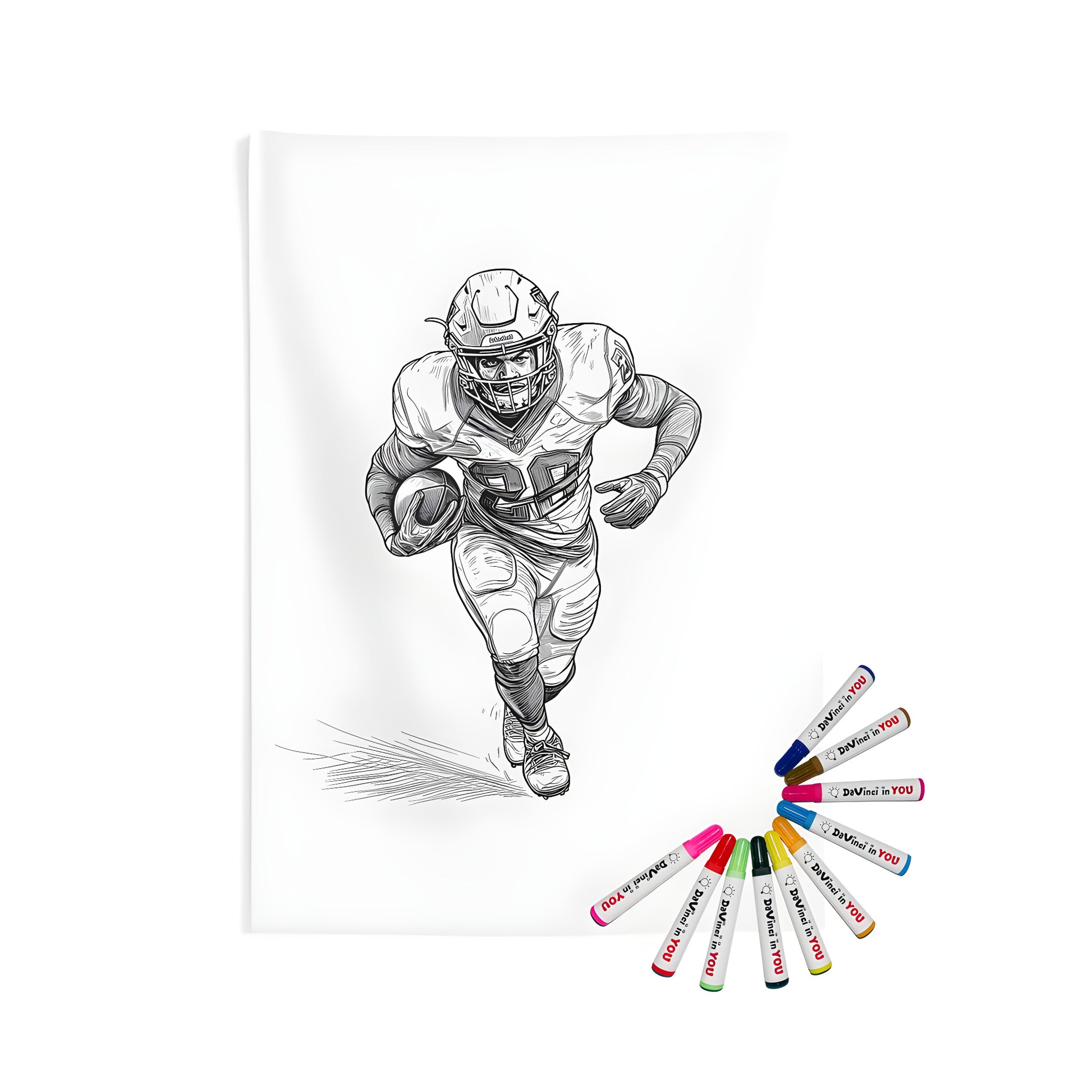 Indoor wall tapestries featuring a black and white football illustration of an athlete running with the ball, wearing a helmet and jersey