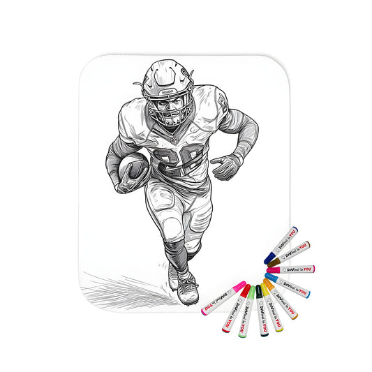 Coloring blanket with black and white illustration of an athlete runner holding football, wearing athletic helmet and jersey