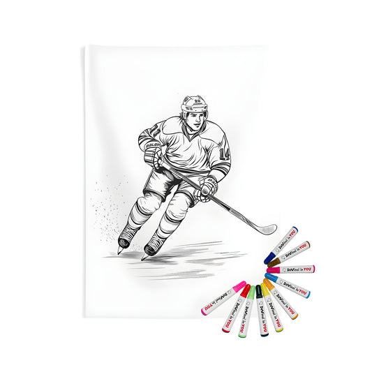 Indoor wall tapestries with vibrant coloring kit and 10 fabric markers featuring an exciting black and white illustration of a hockey player skating on ice