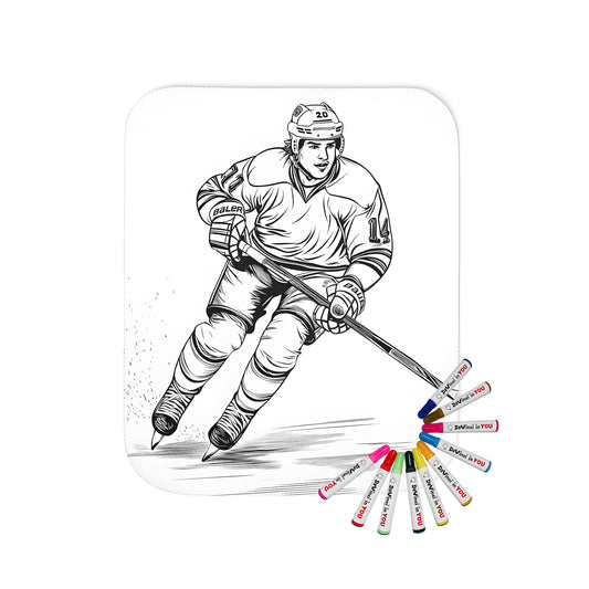 Blanket with hockey-themed coloring page design of a hockey player skating on ice