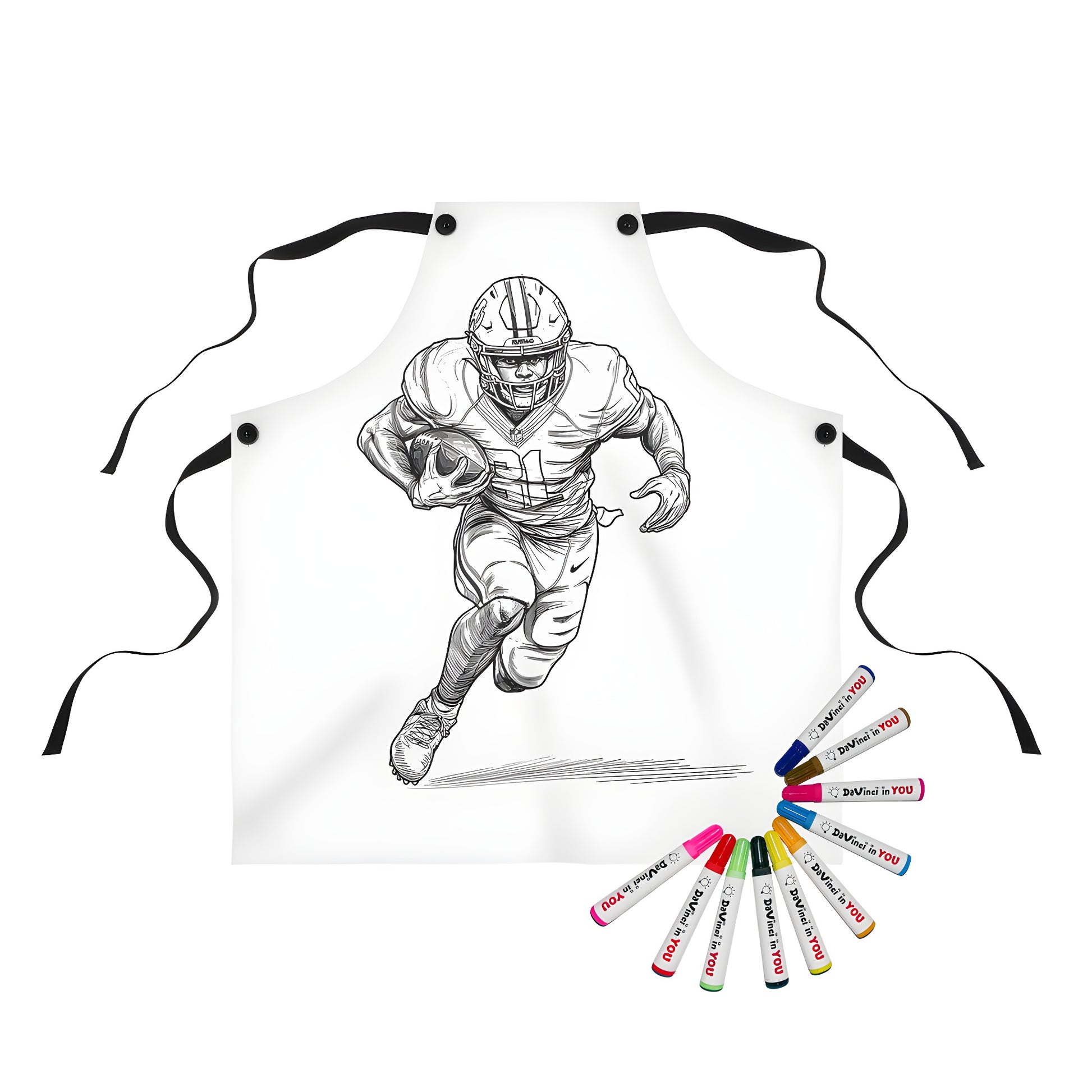 Coloring apron featuring a line art football player running with the ball