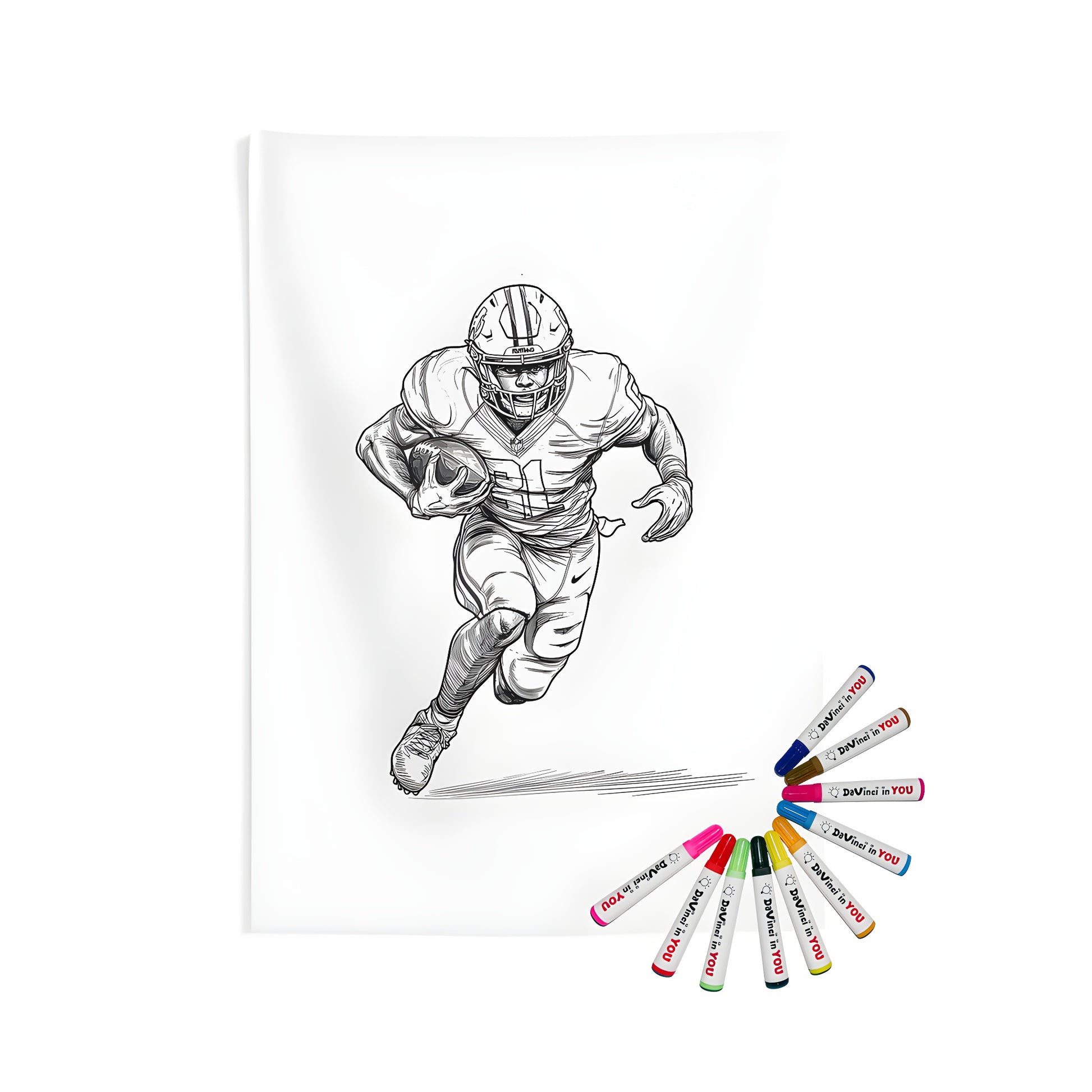 American football-inspired wall tapestry with Line art of an athlete running with the ball