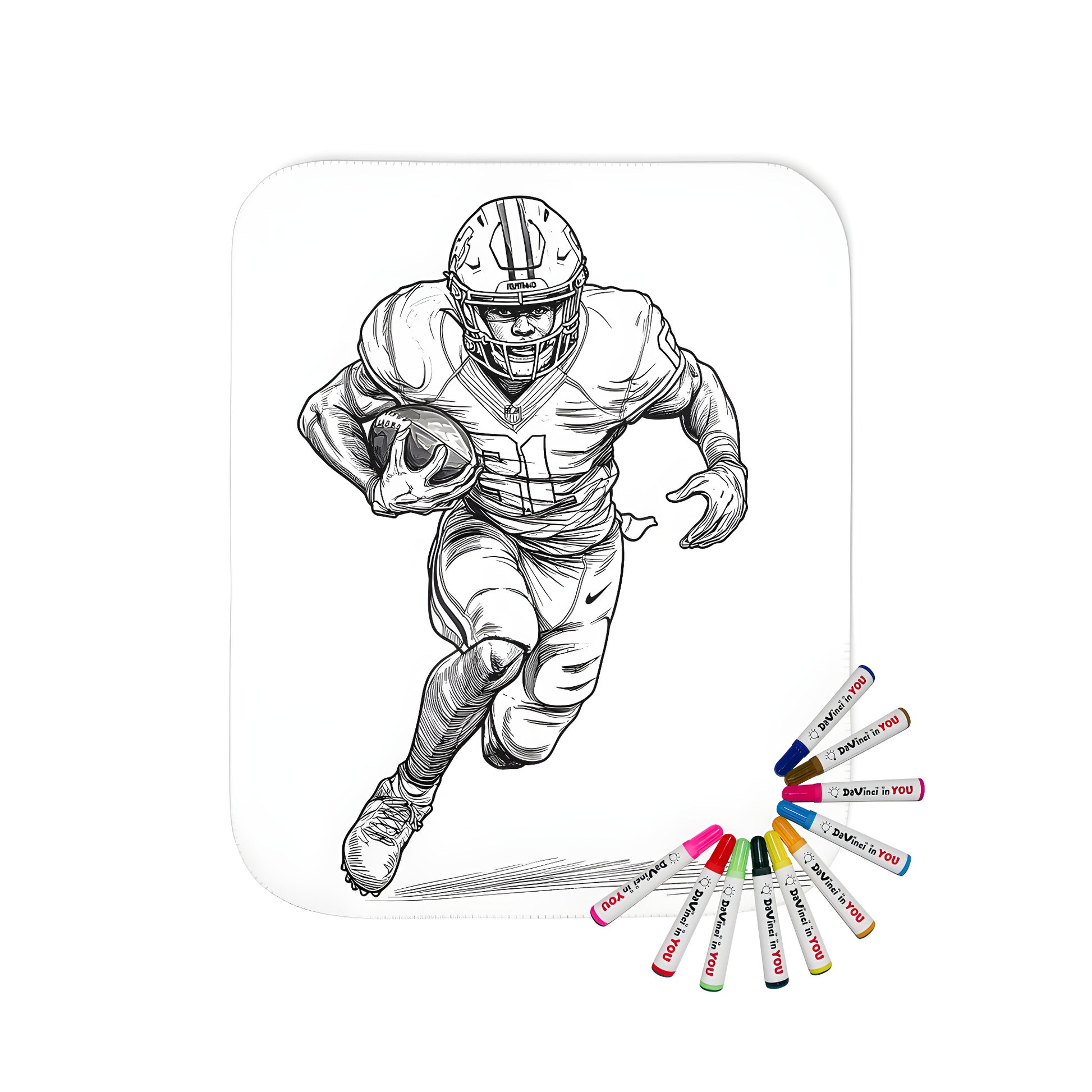 Cozy blanket with line art of a football player running with the ball, wearing a helmet and sports uniform