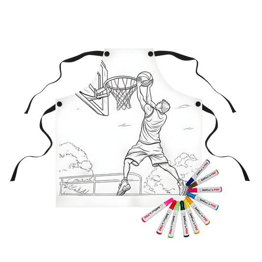 Basketball slam dunk apron design featuring a detailed black-and-white illustration of a basketball player jumping on an outdoor court. Includes fun coloring markers for kids and adults alike!