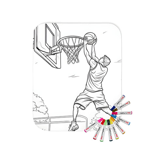 Blanket coloring kit with Slam Dunk design featuring a basketball player jumping for a slam dunk on an outdoor court