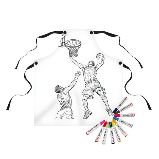 Apron featuring colorful basketball players making a slam dunk, apron with slam dunk design, dunk-themed apron, sports-themed apron