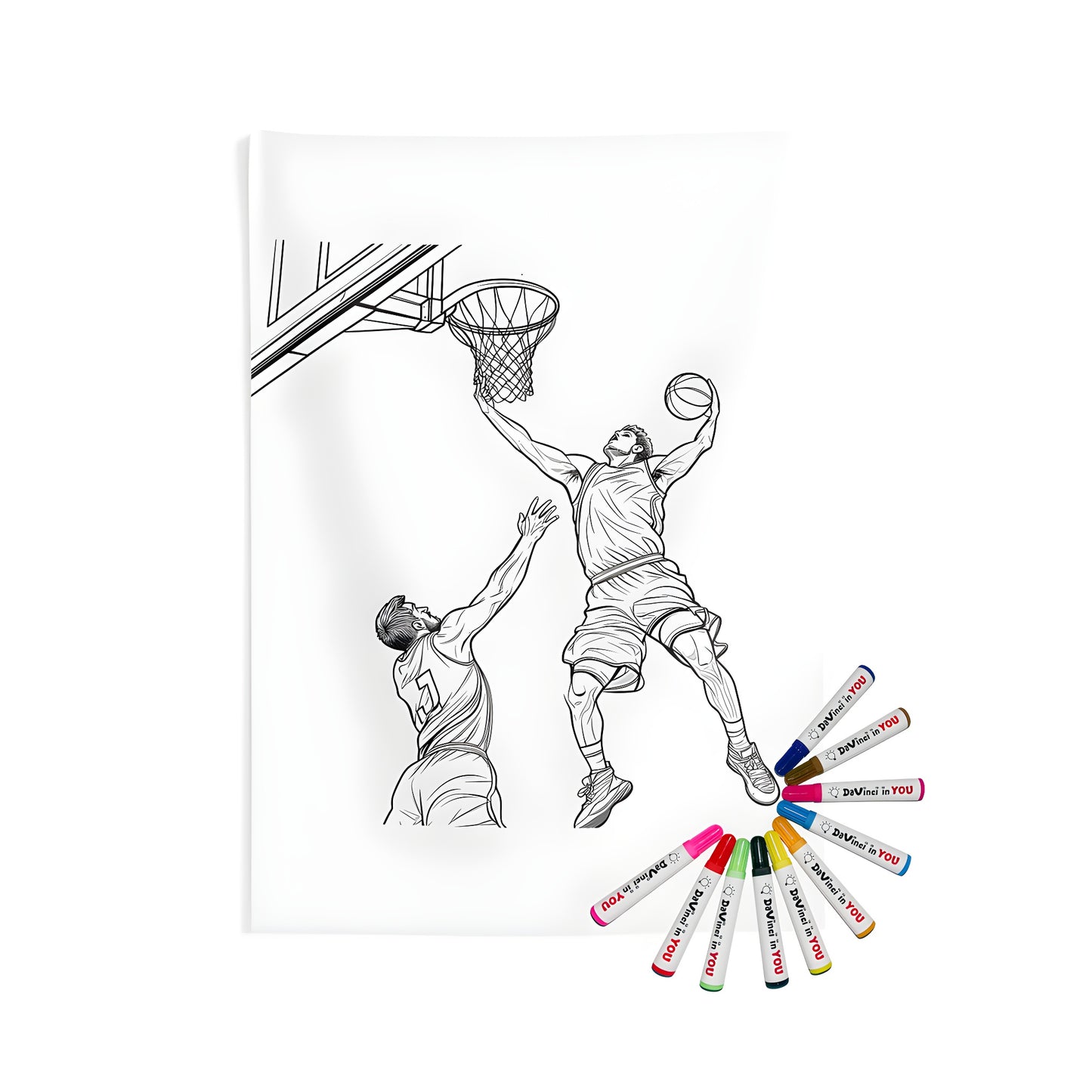 Indoor wall tapestries with colorful dunk basketball scene, perfect for sports fans. Includes 10 fabric markers for customization