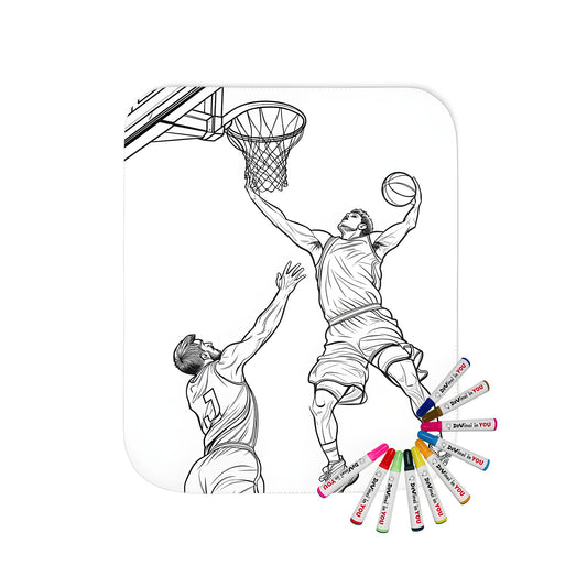 Blanket coloring kit with vibrant fabric markers and a fun basketball theme featuring two players in action, one dunking and the other blocking