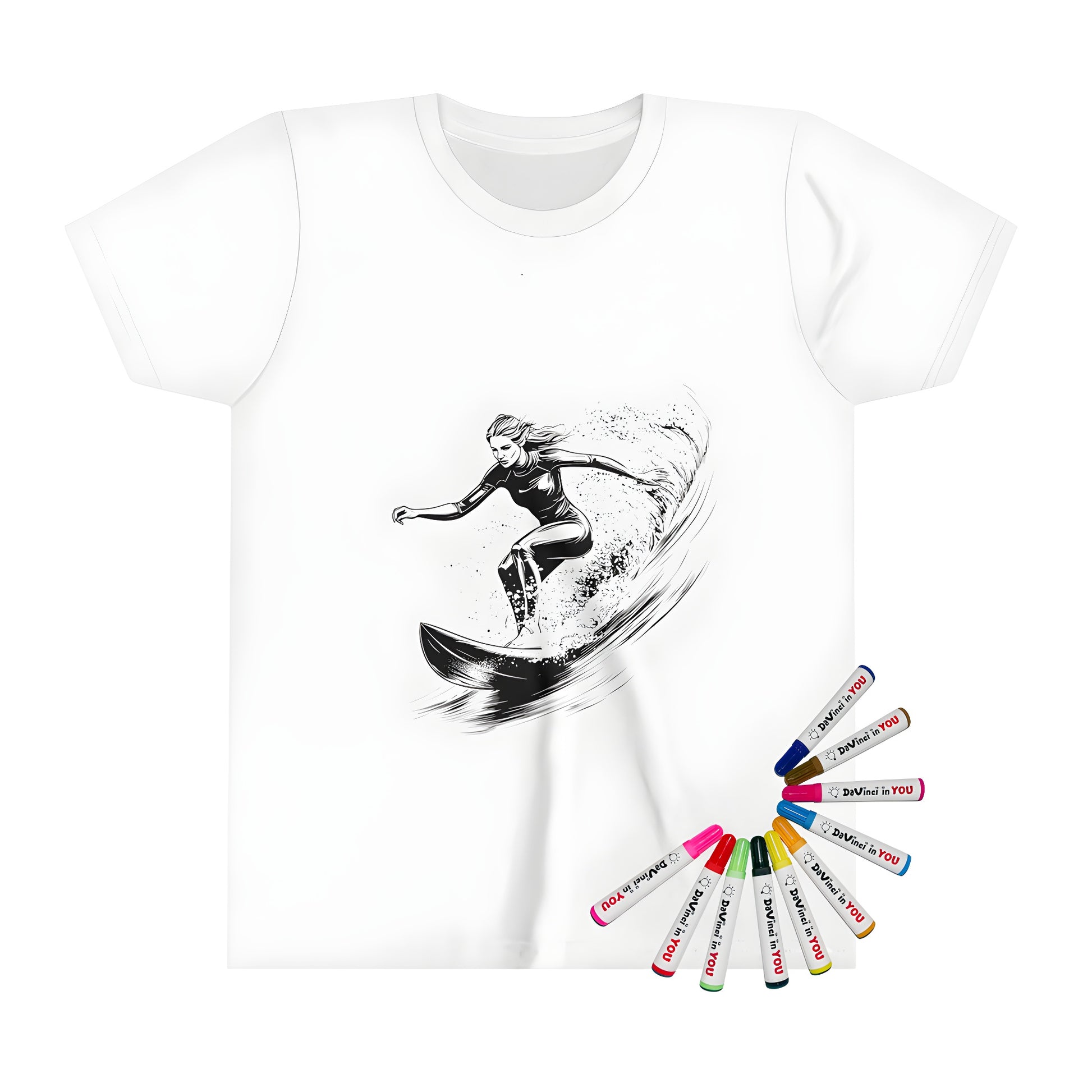 Kid's t-shirt with a dynamic black and white illustration of a woman surfing a wave with fluid movement. Perfect for kids who love to draw and dream of riding the waves!