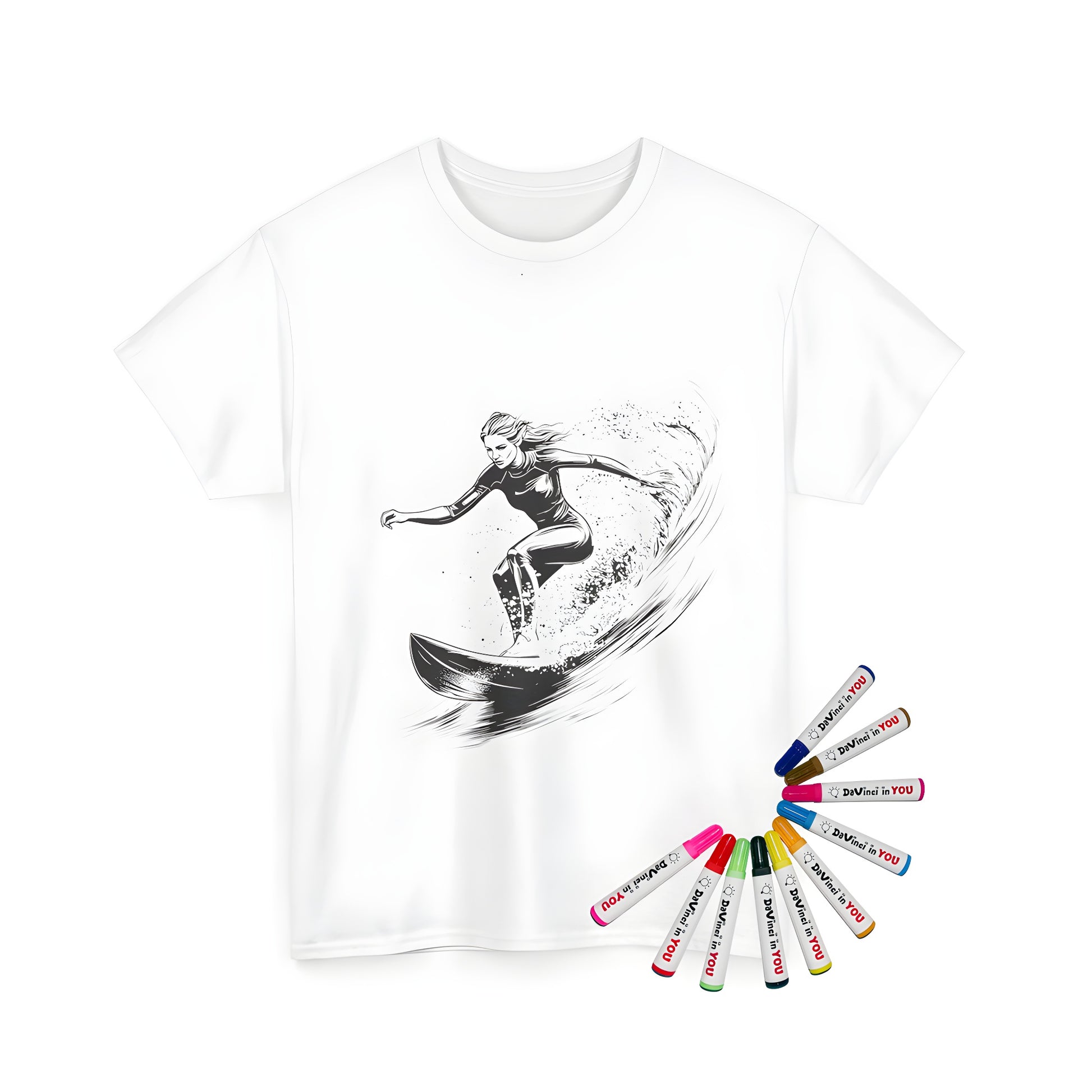 Unisex t-shirt with dynamic black and white illustration of woman surfing a wave