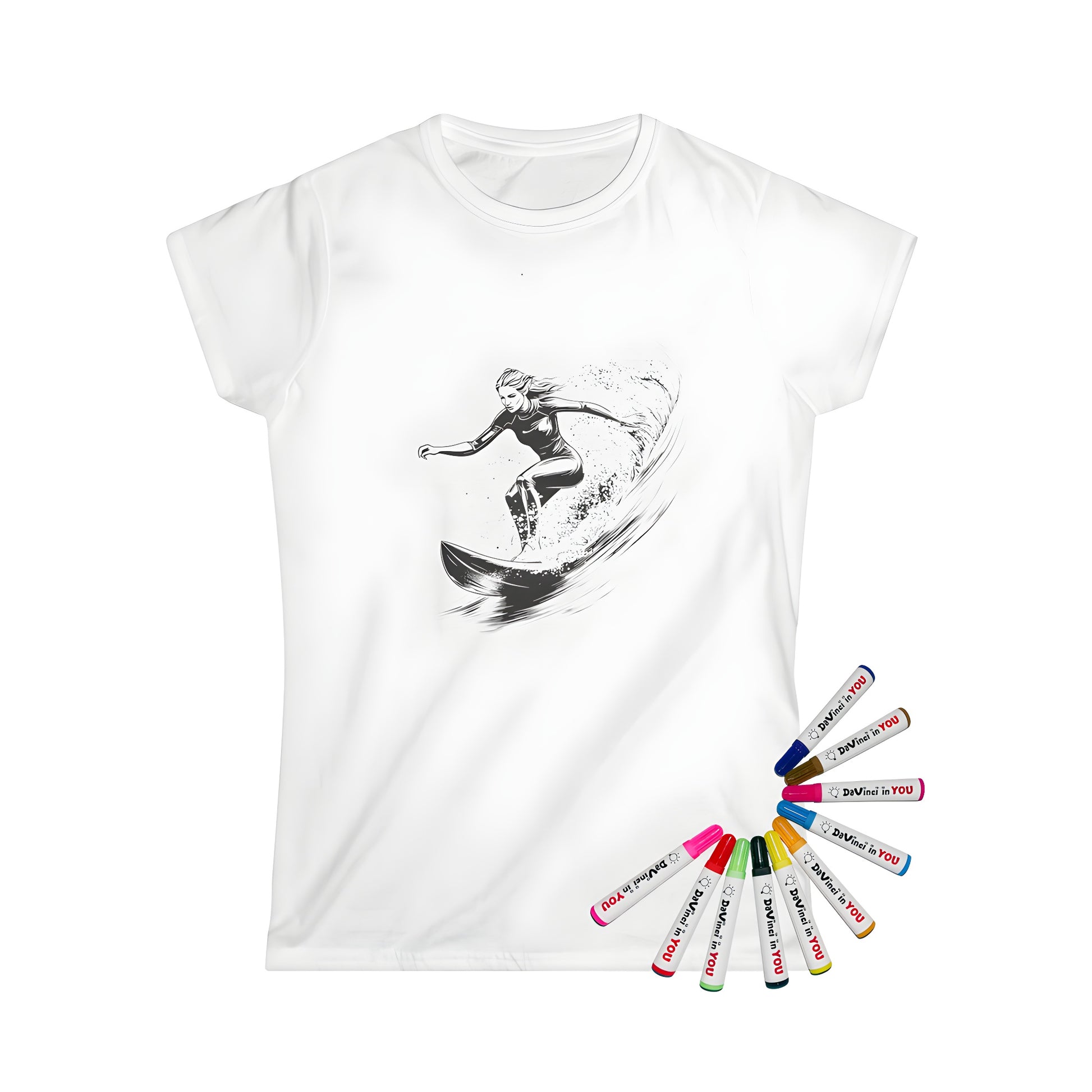 Women's T-shirt with colorful surfing design and 10 fabric markers for adult coloring book enthusiasts