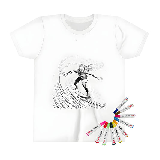 Kid's T-shirt featuring a fun black and white line art design of a surfer riding a curling wave, perfect for little ones who love the beach and surfing