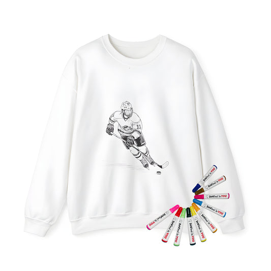 Adult sweatshirt featuring a detailed line drawing of an ice hockey player, complete with full gear and a hockey stick, skating towards a puck.