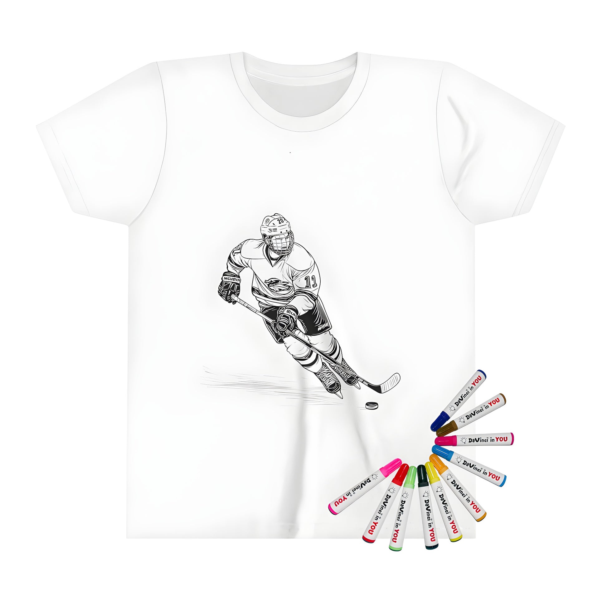 Kid's t-shirt featuring a colorful line drawing of an ice hockey player with gear and stick