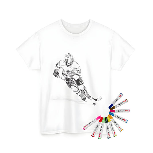 A vibrant unisex t-shirt featuring a detailed line drawing of an ice hockey player with full gear and a hockey stick, skating towards a puck. Great for hockey fans!