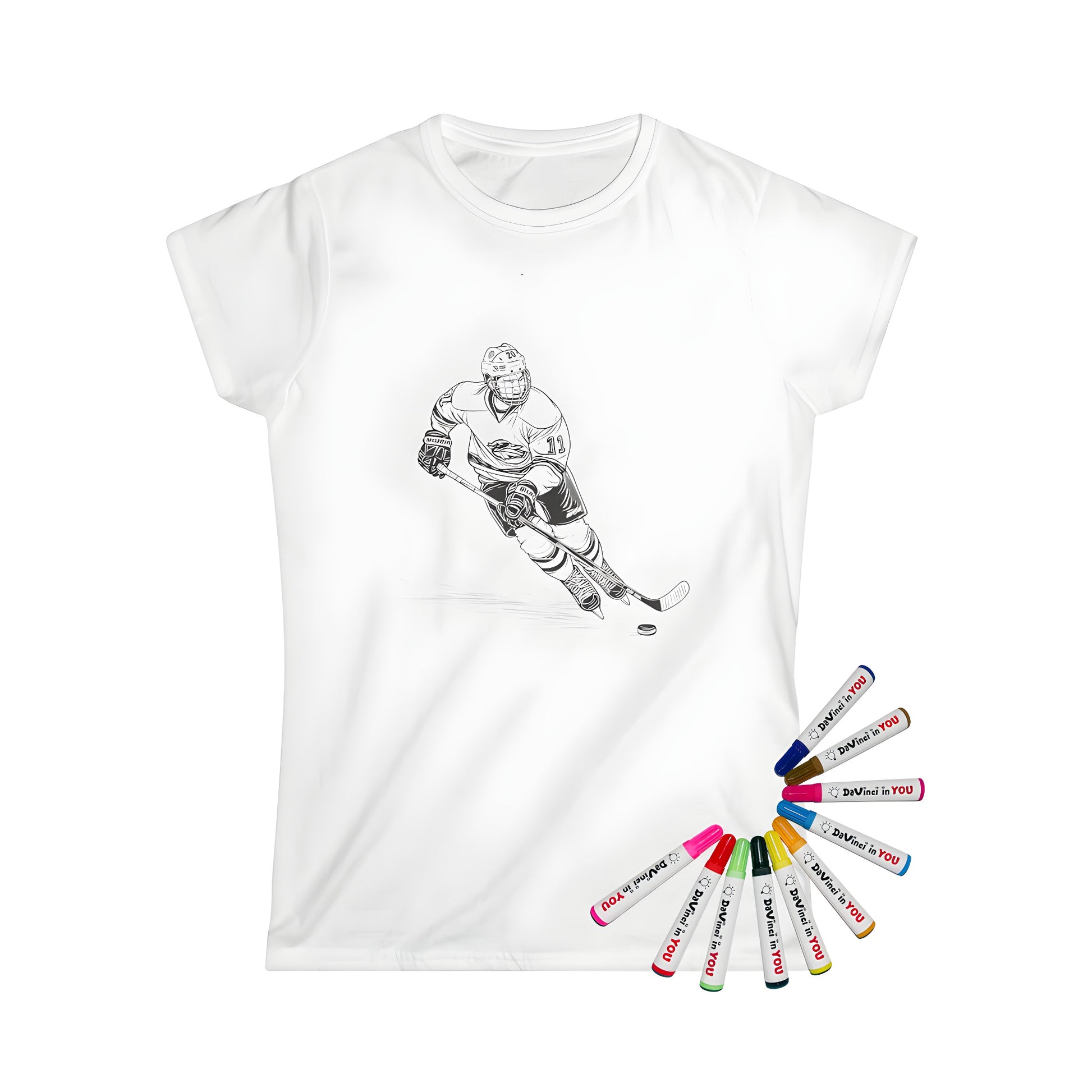 Women's apparel t-shirt featuring an ice hockey player illustration