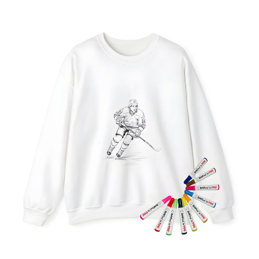 Adult sweatshirt featuring a black and white illustration of a hockey player skating on ice, holding a stick, and wearing a helmet. Unique gift for hockey enthusiasts