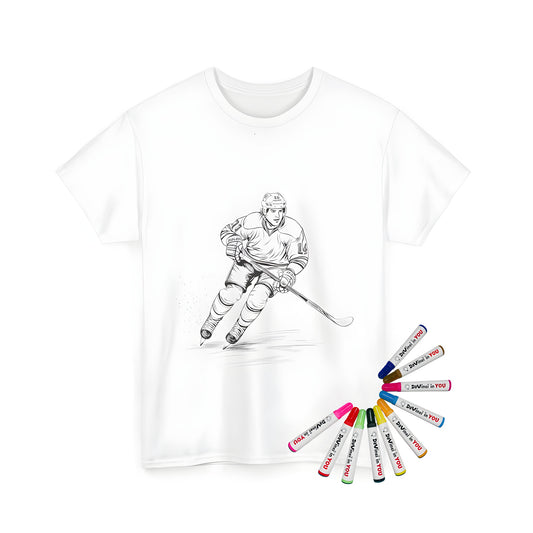 Coloring page of hockey player on ice skates with a stick and helmet printed on a black unisex t-shirt