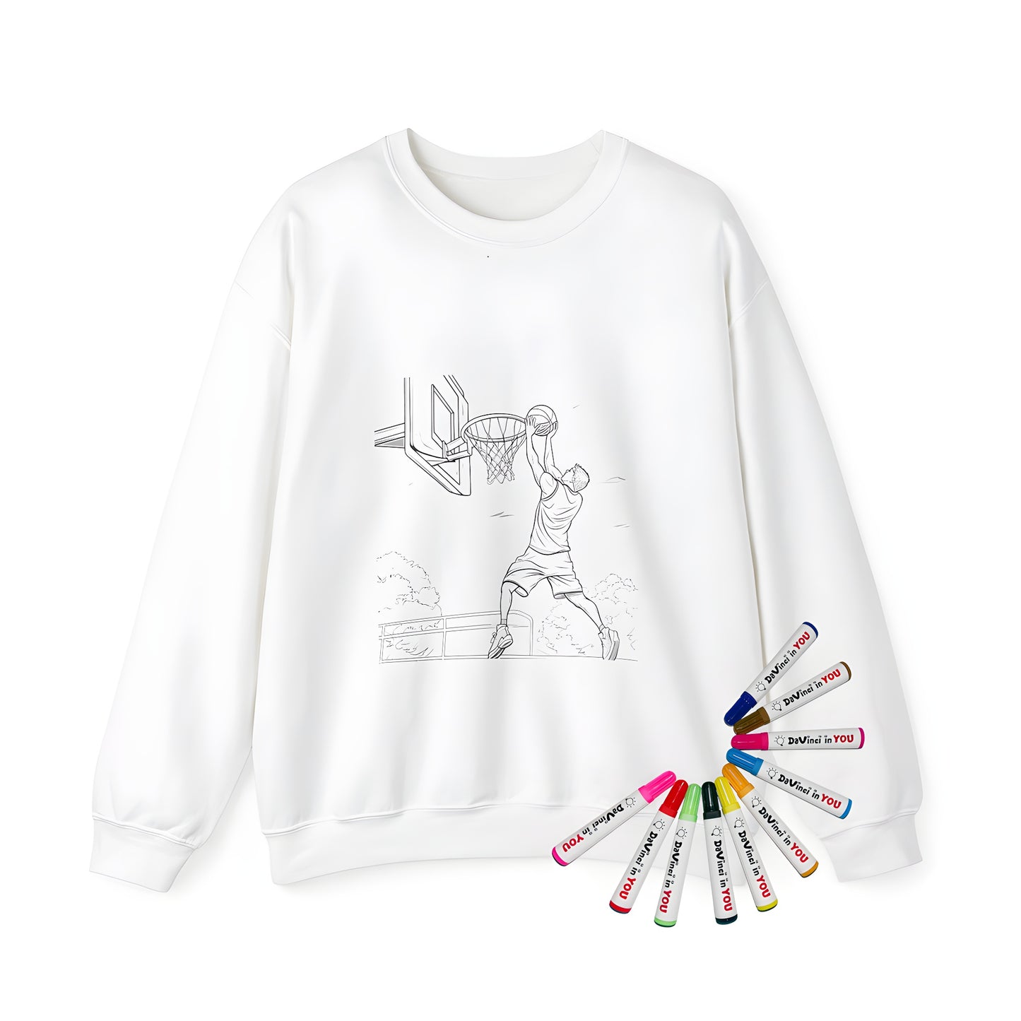 Adult sweatshirt with slam dunk graphic design and colorful markers laid out