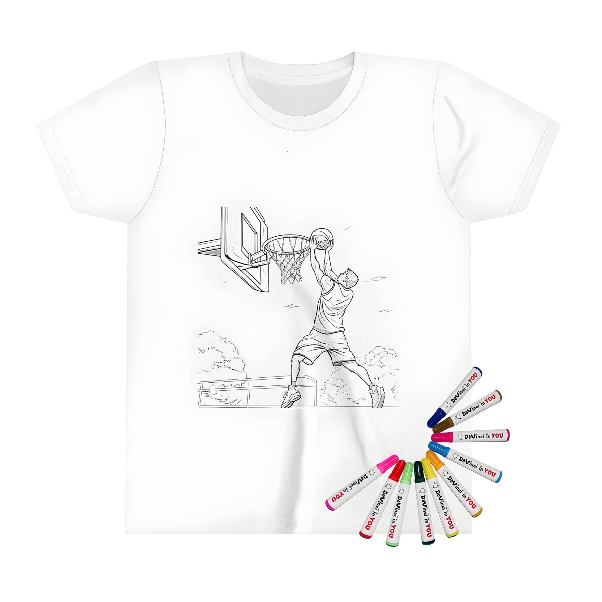 Kid's t-shirt with fun coloring page design of basketball player performing slam dunk on outdoor court