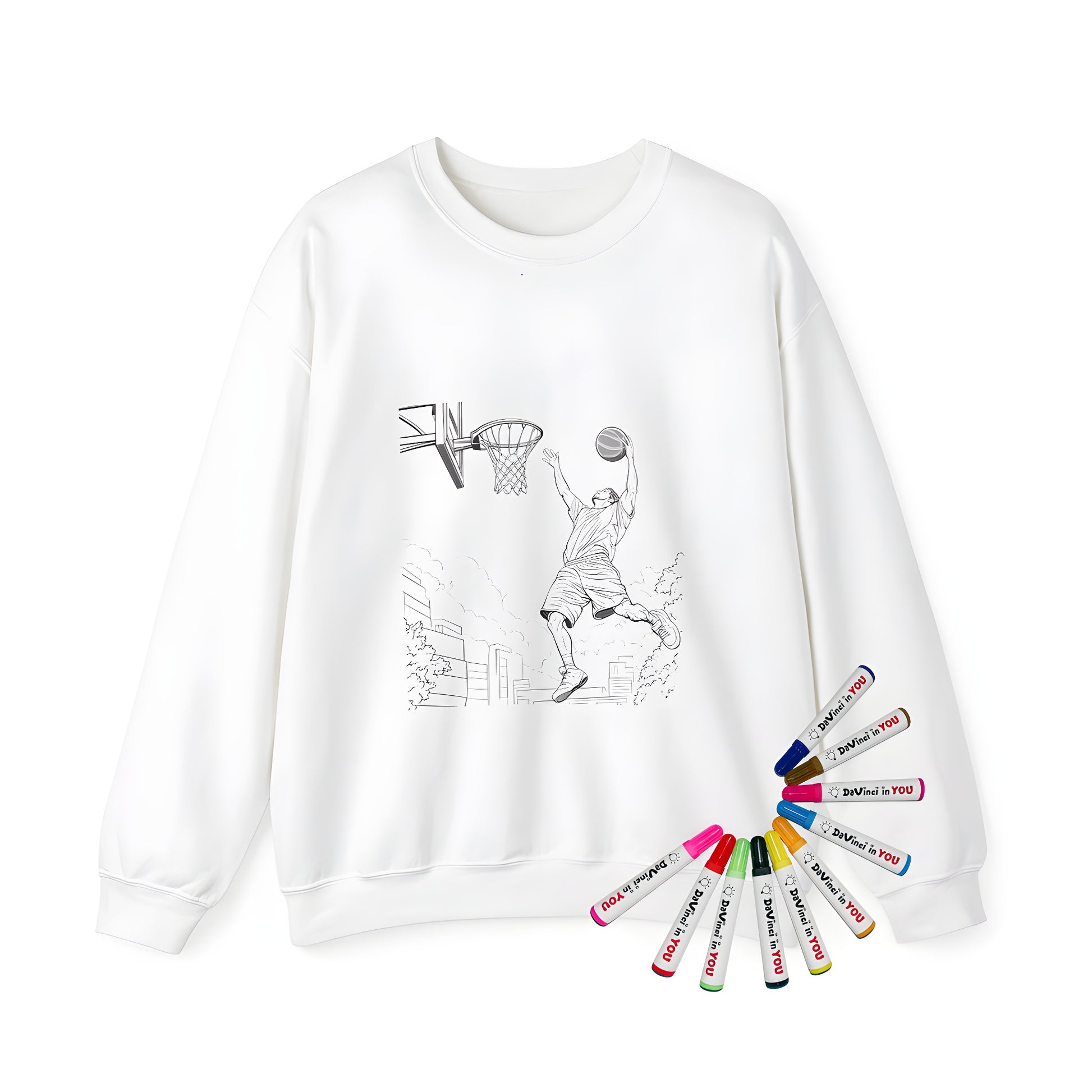 Adult sweatshirt featuring a colorful basketball hoop design with urban background