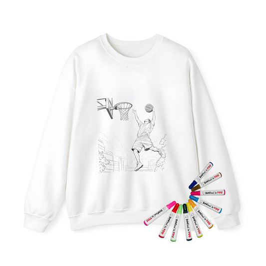 Adult sweatshirt featuring a colorful basketball hoop design with urban background