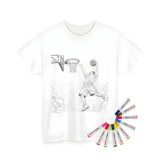 Unisex t-shirt with colorful basketball court design and a dunking player illustration