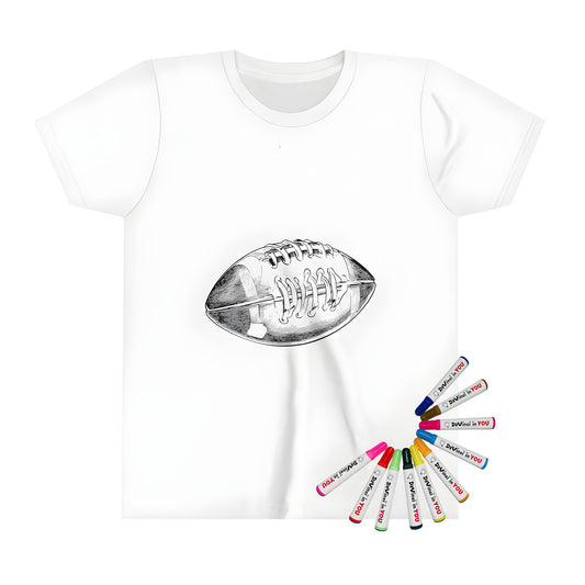 Kid's T-shirt featuring a detailed black and white illustration of an American football with visible laces and texture