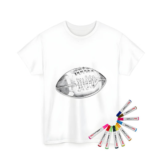 Coloring kit featuring a detailed black and white illustration of an American football on a unisex t-shirt