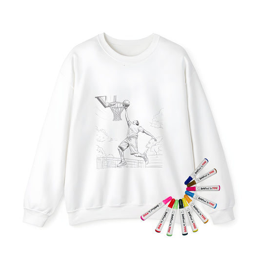 Adult sweatshirts featuring colorful basketball court designs and tree silhouettes