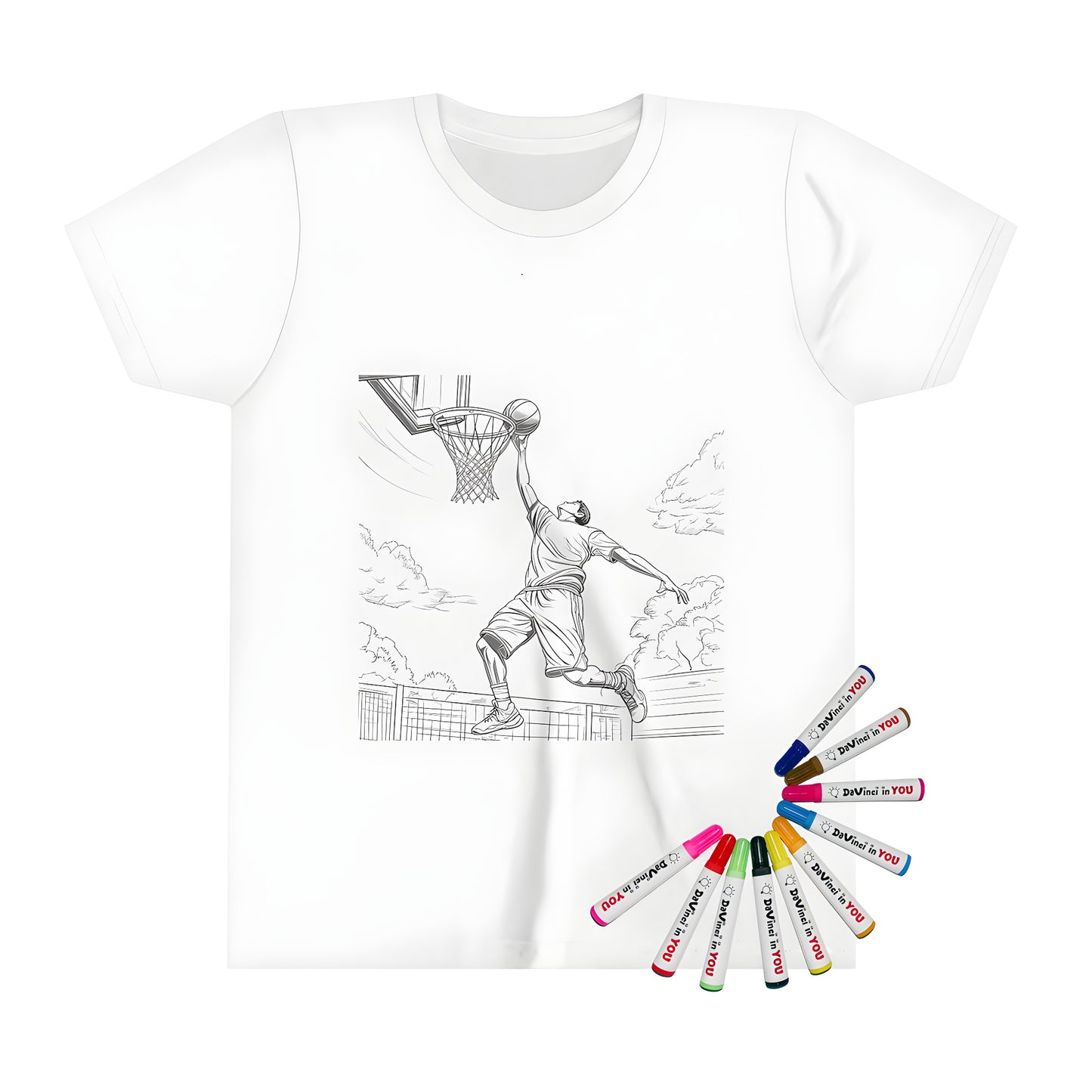 A fun kid's t-shirt featuring a coloring page design of a person jumping to dunk on an outdoor basketball court with trees in the background.