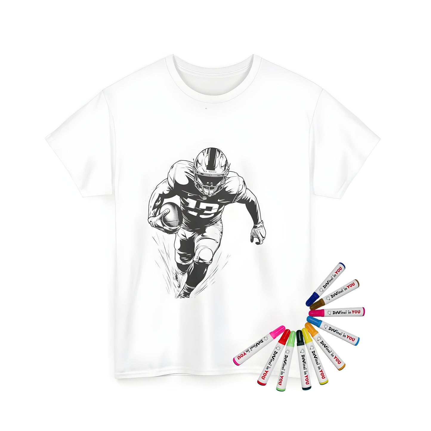 Unisex T-shirt featuring a black and white illustration of a football player running, holding the ball