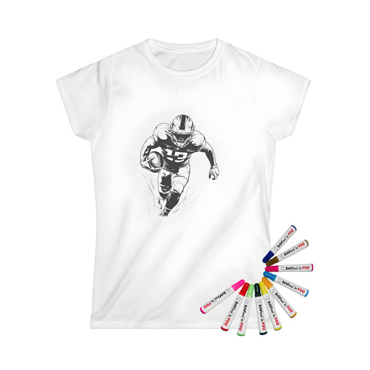 Women's graphic t-shirt with a vibrant football illustration print. Black and white artwork of a female football player running with the ball