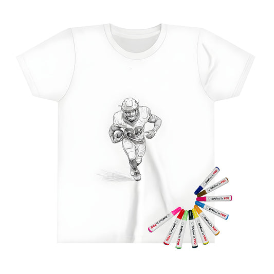 Coloring page print on kids t-shirt of football player illustration, black and white design