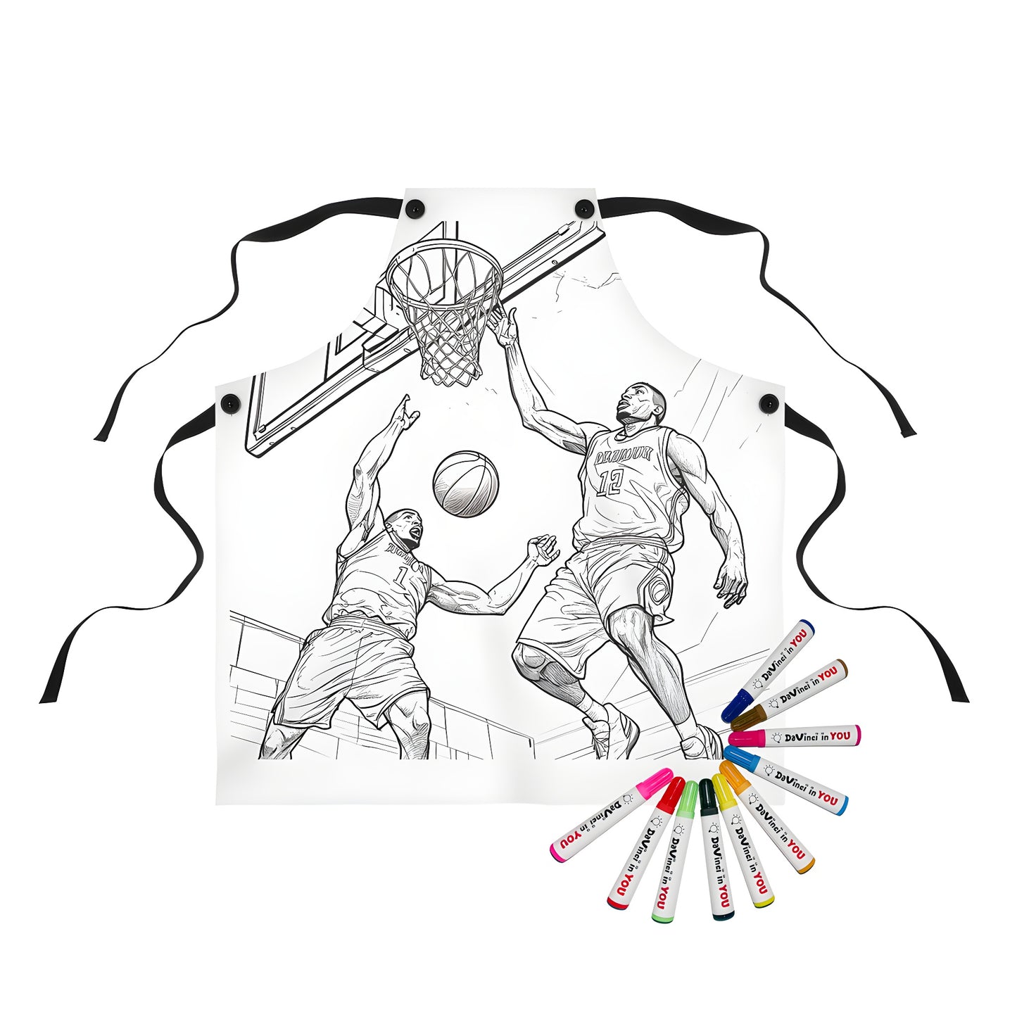 Basketball-themed apron with colorful markers and detailed illustrations of two players jumping for the ball near the hoop