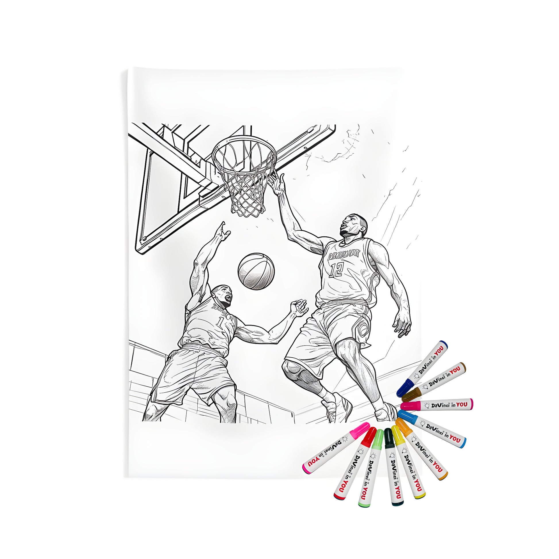 Indoor wall tapestry featuring a detailed coloring page of two basketball players reaching for the ball near the hoop during a game, perfect for sports fans and hoop enthusiasts alike.