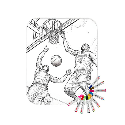 Cozy blanket with a vibrant, detailed court scene featuring two basketball players reaching for the ball near the hoop