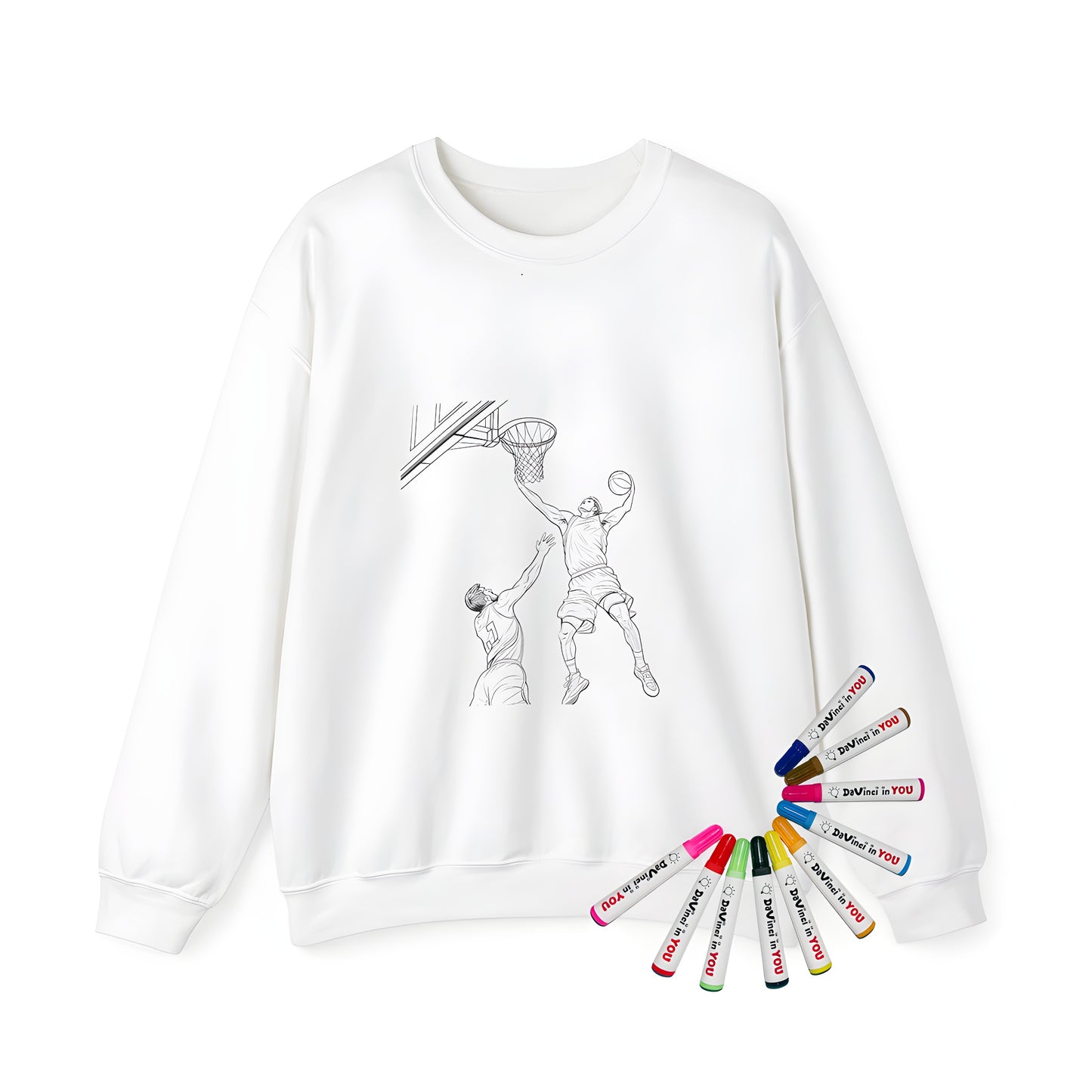 Adult sweatshirts featuring vibrant coloring pages of basketball action scenes, with slam dunks and thrilling moments. Perfect for fans of the sport and lovers of unique, fun designs.