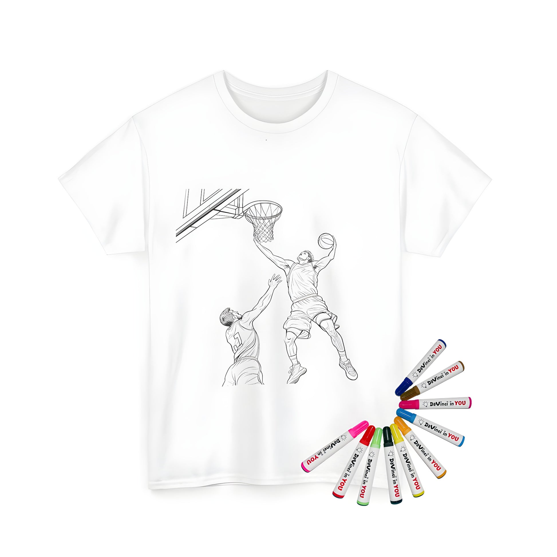 Unisex t-shirt with colorful basketball theme, featuring two players in action, one dunking and the other blocking shot. Includes fabric markers for custom coloring.