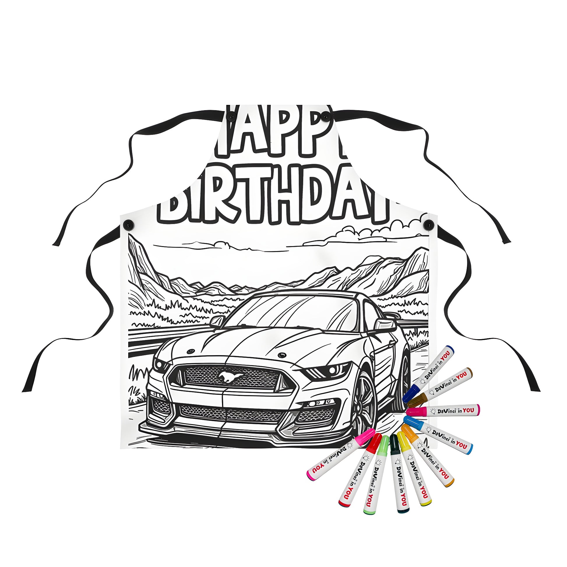 Colorful apron with outlined sports car design on road and mountains, 'Happy Birthday' at top