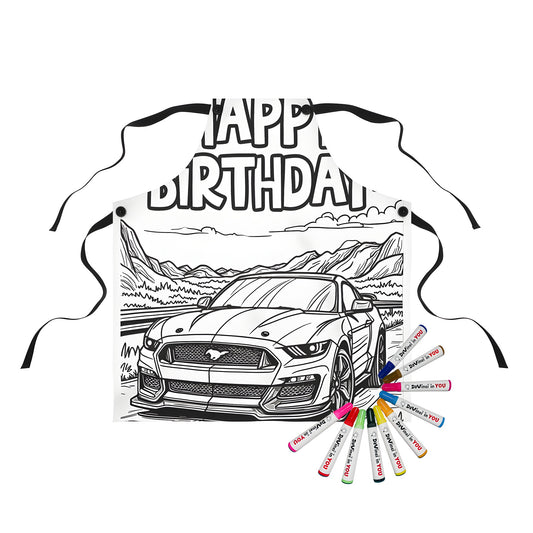 Colorful apron with outlined sports car design on road and mountains, 'Happy Birthday' at top