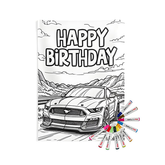 Indoor wall tapestries coloring kit with 10 fabric markers for adults - outlined sports car art on road with mountains background and 'Happy Birthday' text