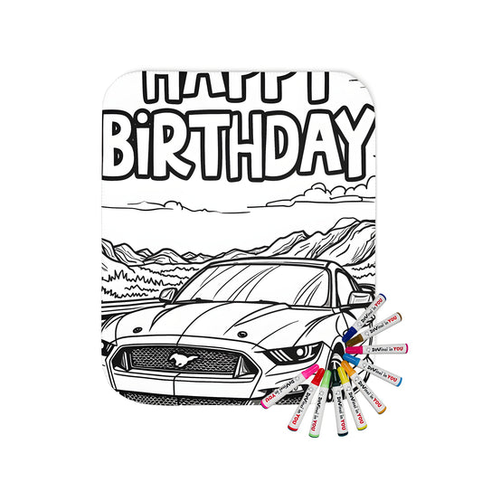 Sports car blanket with outlined design on a road with mountains background and Happy Birthday text, perfect for automotive enthusiasts, racing fans, or anyone who loves cars