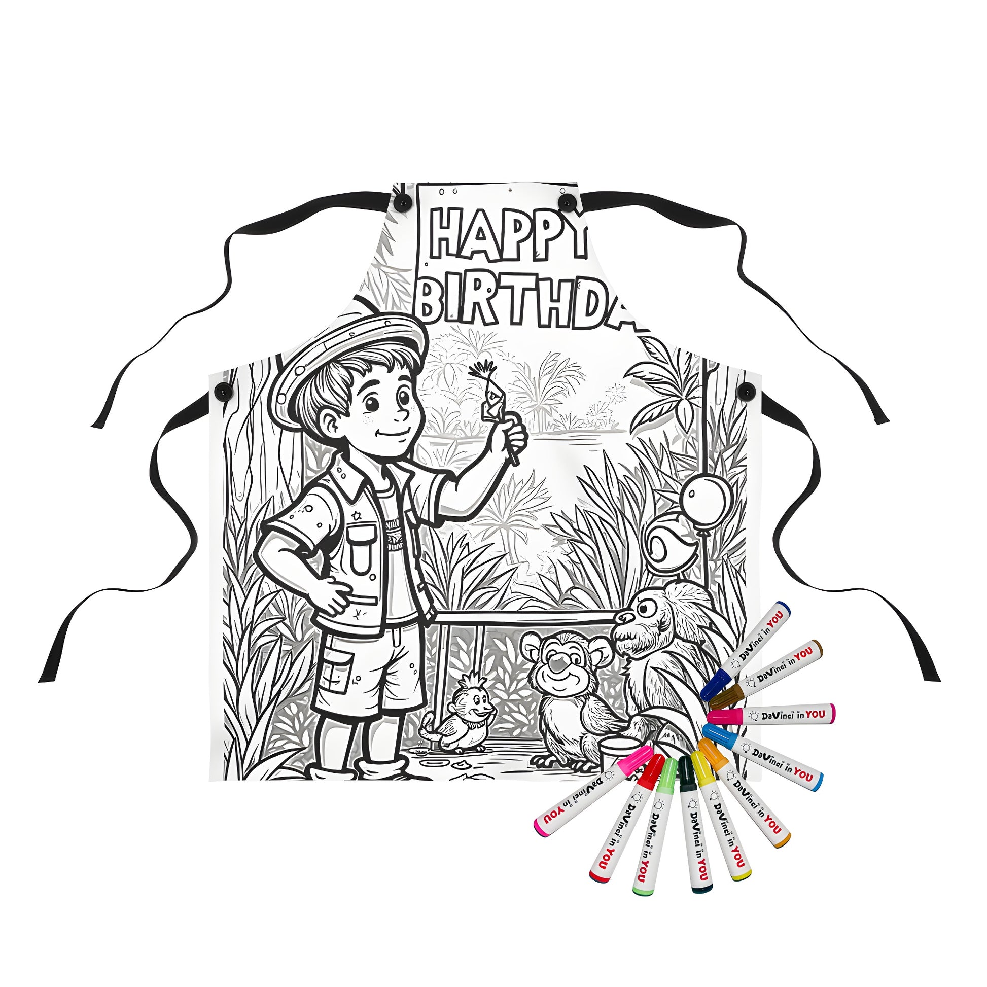 Apron with colorful jungle adventure design featuring a boy celebrating his birthday surrounded by balloons and jungle animals