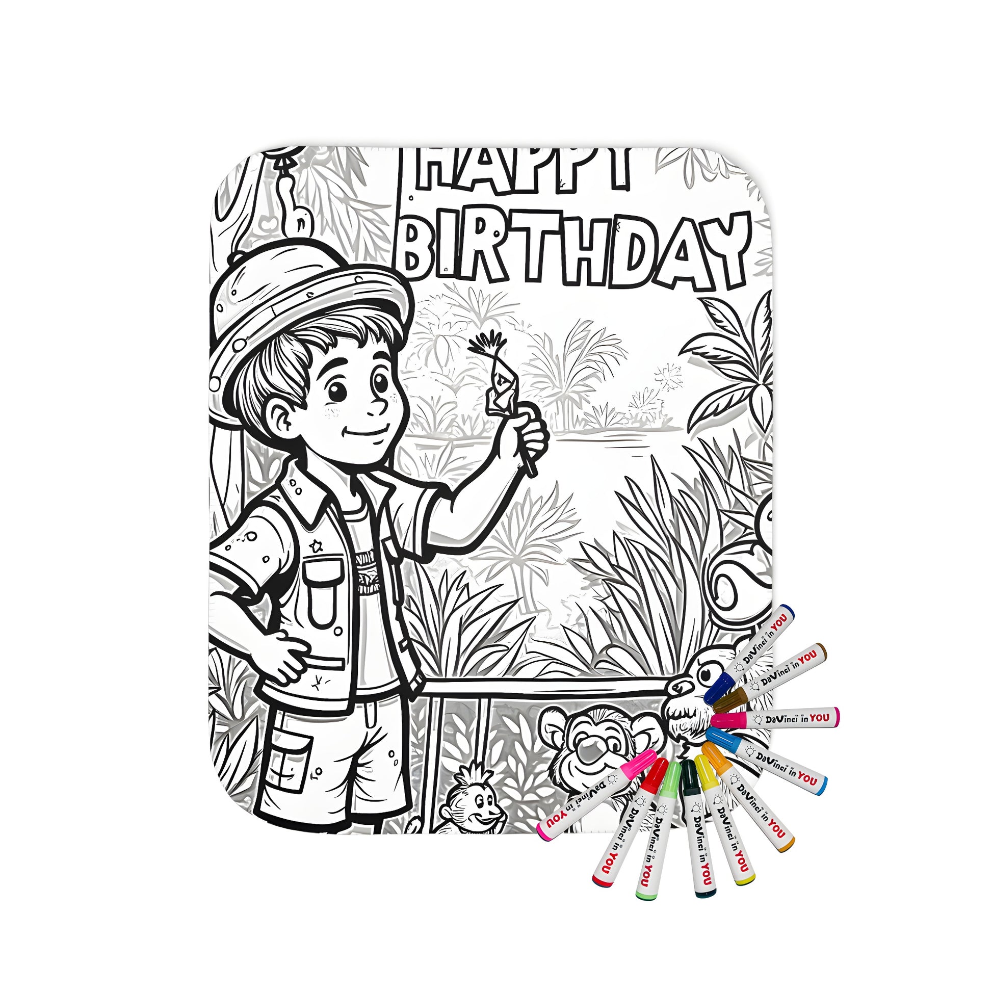 Blanket featuring a vibrant jungle scene with balloons, animals, and a birthday boy