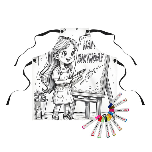 Aprons with colorful birthday girl painting designs, perfect for kids' parties